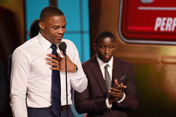 NEW YORK, NY - JUNE 26:  2016-17 NBA Most Valuable Player Russell Westbrook speaks on stage during the 2017 NBA Awards Live On TNT on June 26, 2017 in New York City. 27111_001  (Photo by Michael Loccisano/Getty Images for TNT )